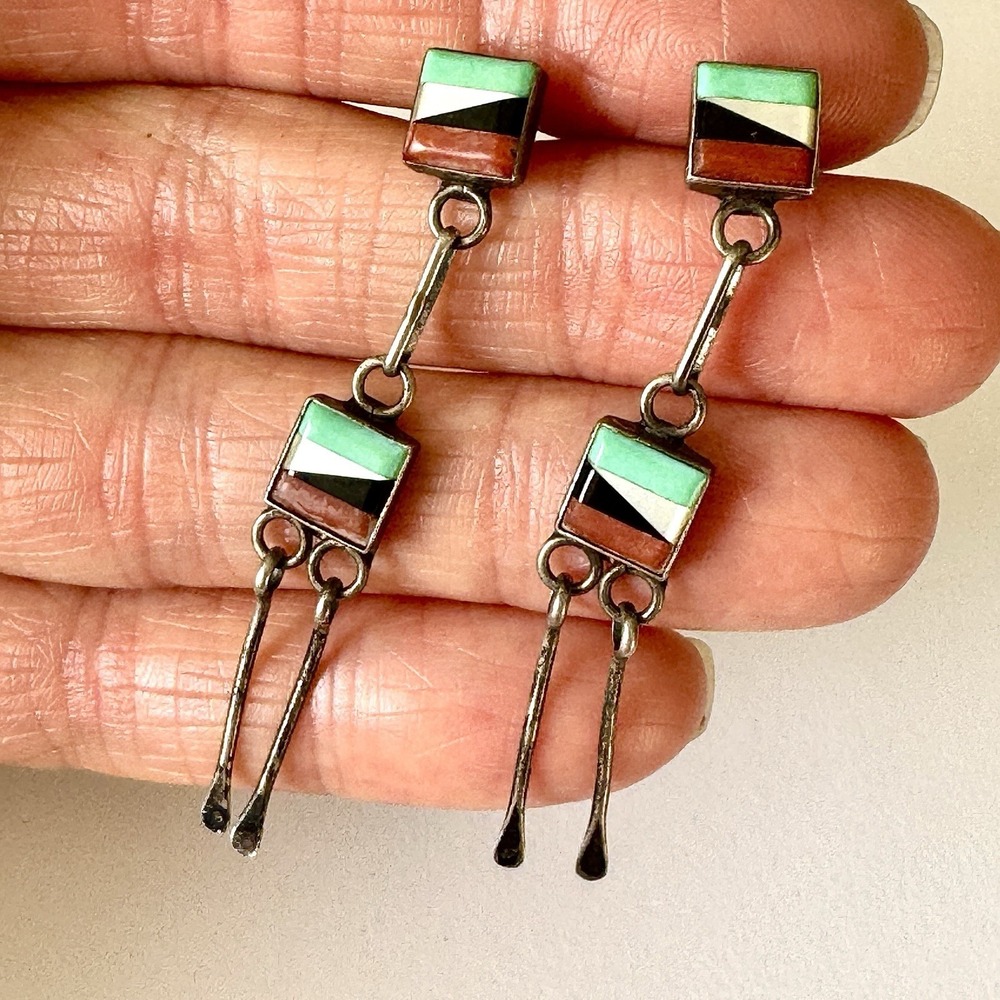 Vtg Zuni Earrings Turquoise Multi Stone Inlay Sterling Fringe Navajo Old Native‎